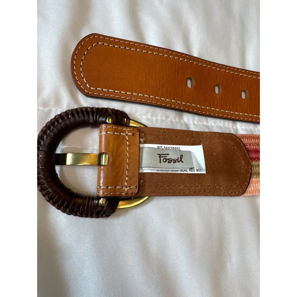 Fossil Stretch Wrap Buckle Red Multicolored Stripes Belt Sz L NWT Leather Boho